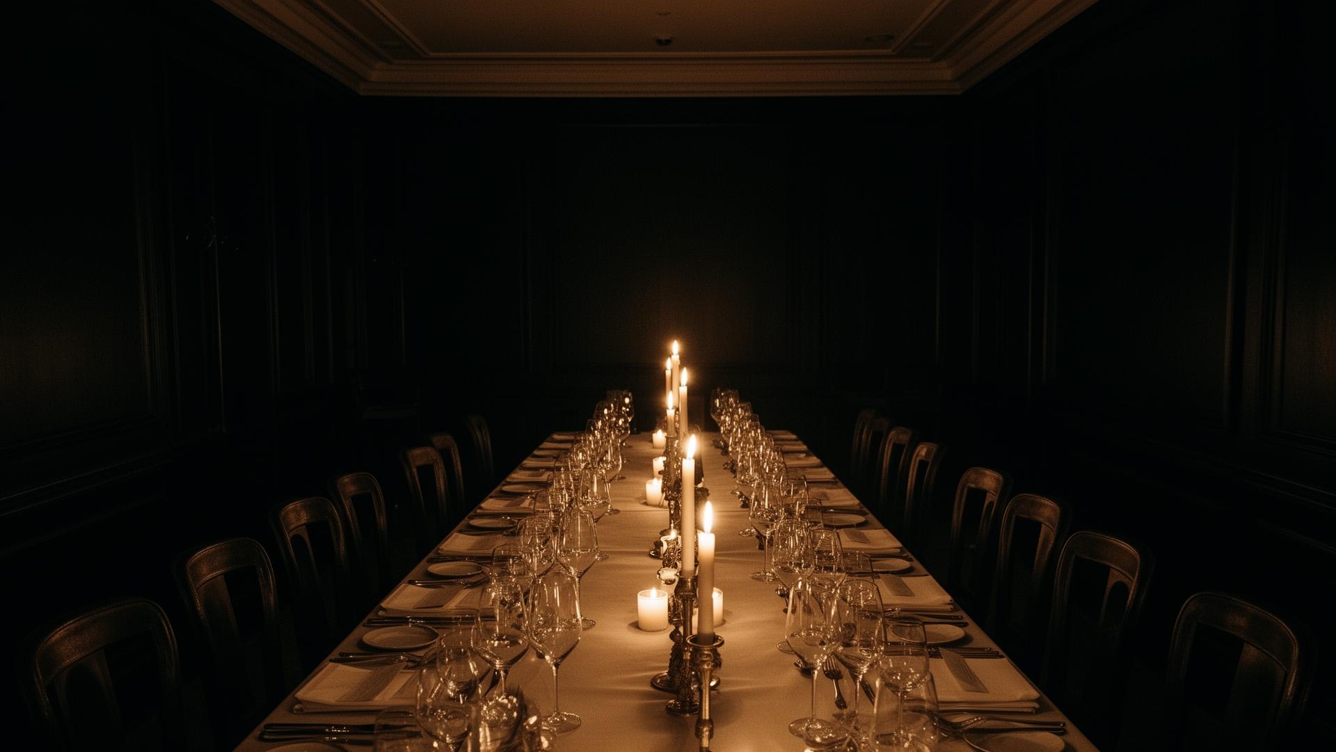 Quiet candlelit private dining room set for an event